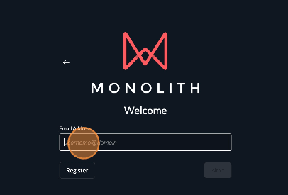 Email Address field highlighted on the Monolith platform welcome page