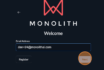Next button highlighted after entering an email address on the Monolith welcome page