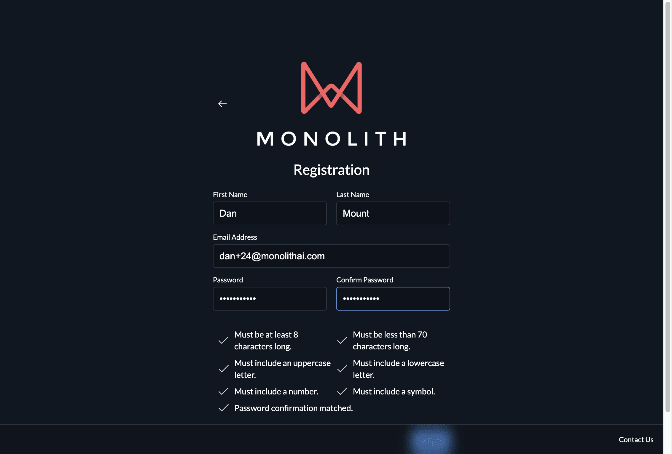 Monolith Registration form with name, email, and password fields and password requirement checks