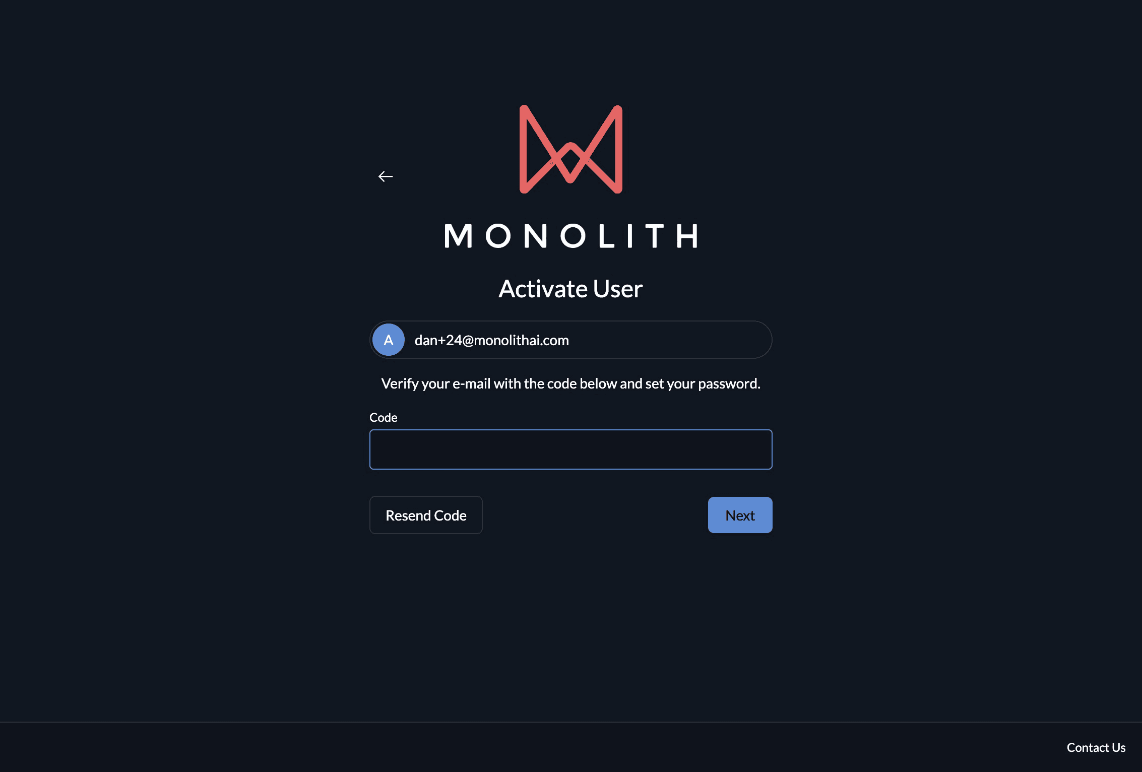 Activate User page with a Code field for the verification code sent by email