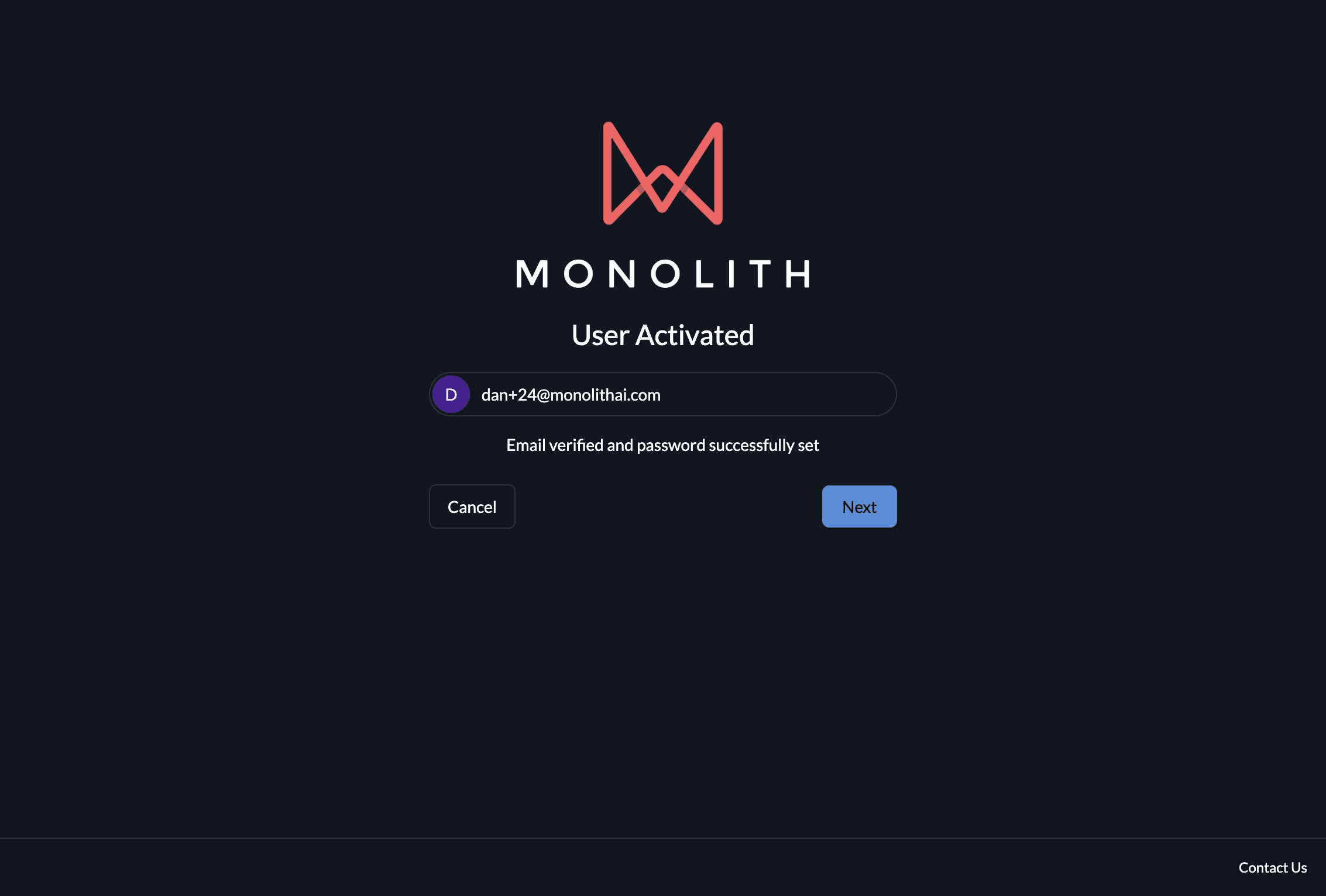 User Activated page confirming the email is verified and the password is set