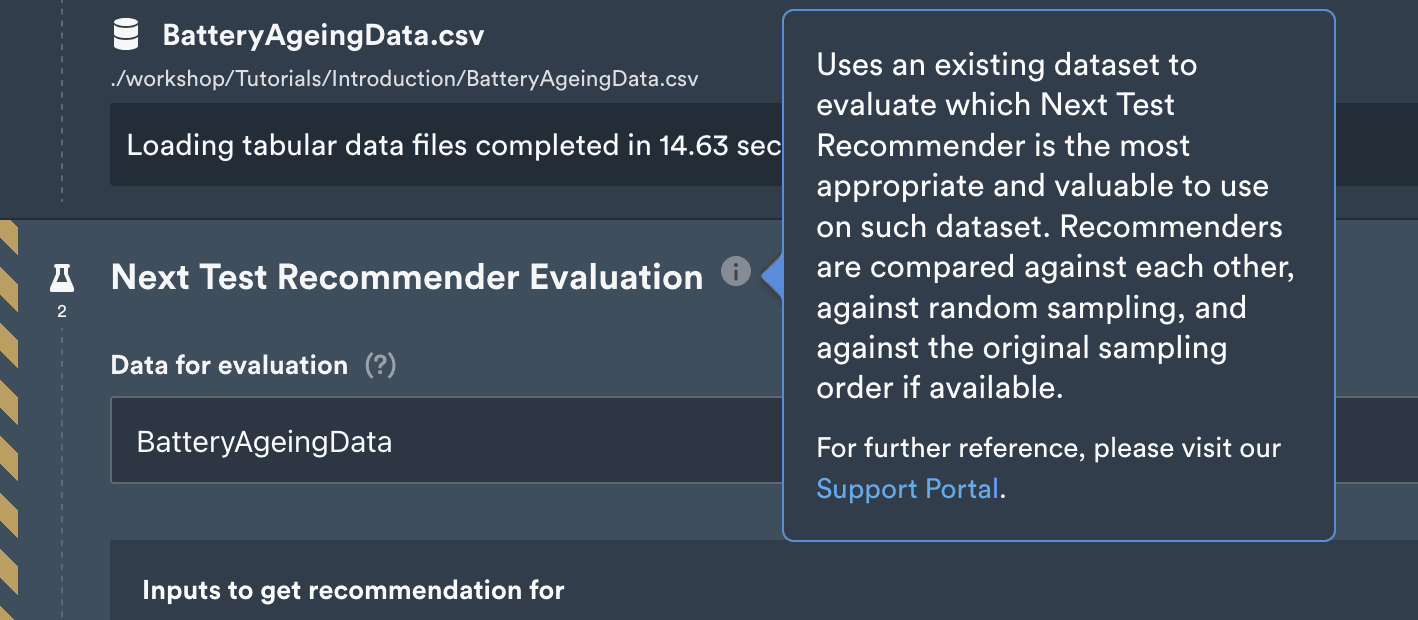 Help text for the Next Test Recommender Evaluation step with a link to the Support Portal