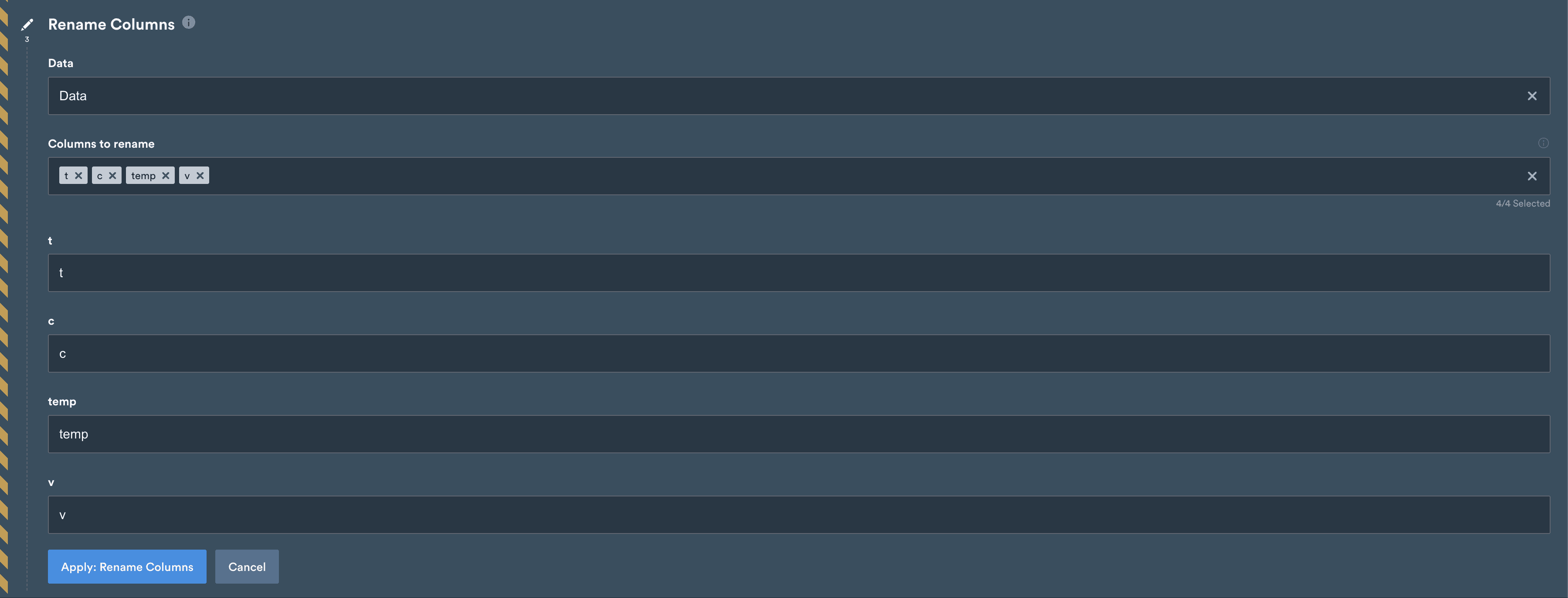 Rename Columns step settings with selected columns and text boxes for entering new column names