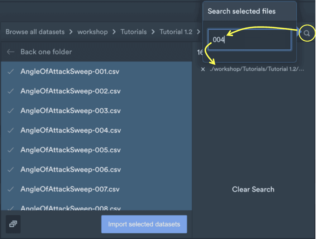 Search selected files box filtering the selection list to files containing 004