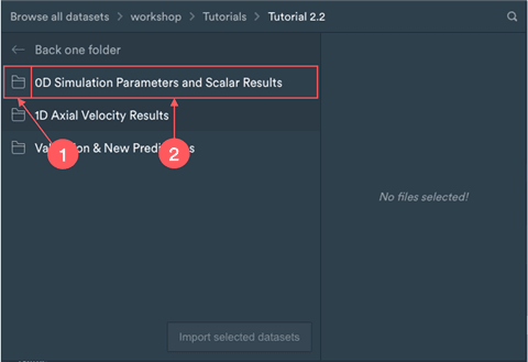 File selection dialog with callouts marking the folder icon and folder name of a folder entry