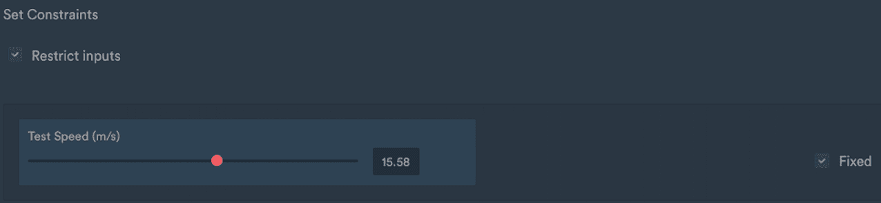 Test Speed input restricted to a fixed value of 15.58 with the Fixed box ticked