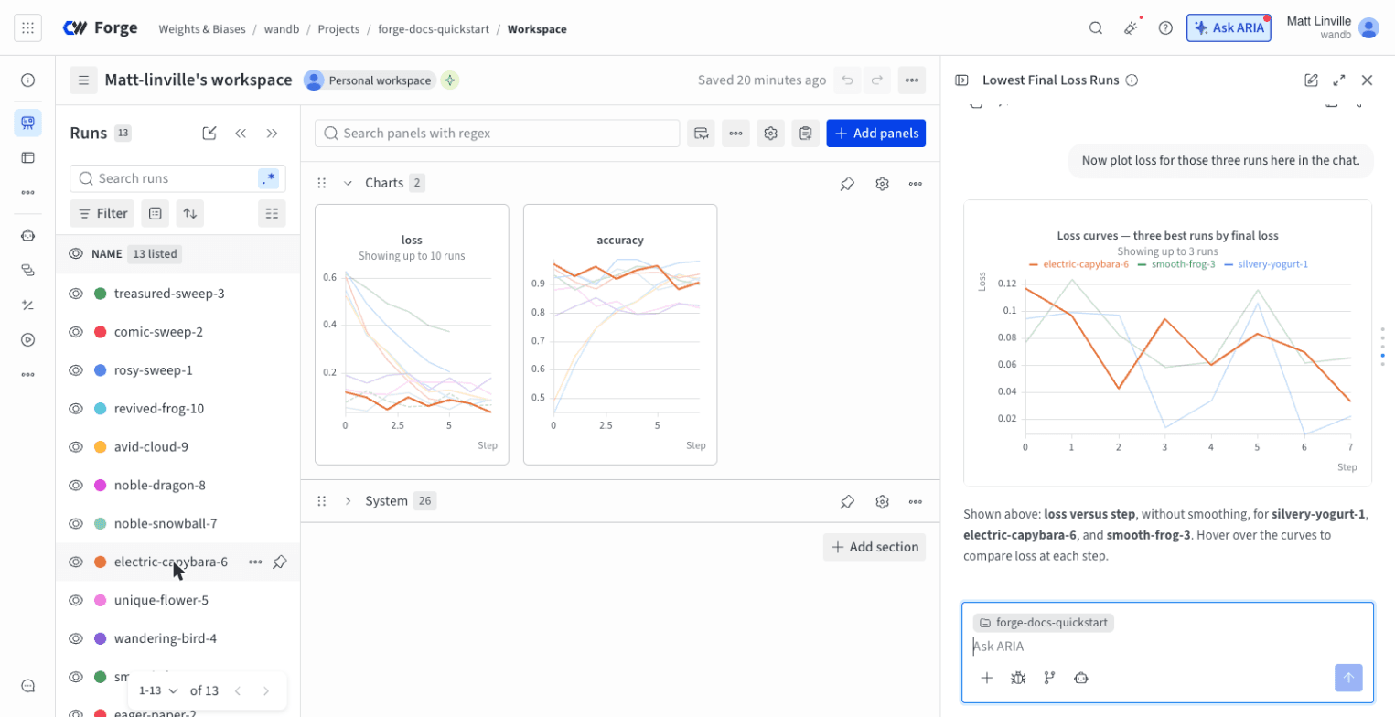 Workspace with an ARIA loss plot in the chat, where the run hovered in the runs list is highlighted in both the ARIA plot and the workspace panels