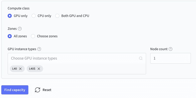 The Capacity Finder search form with GPU only, All zones, L40, and L40S selected, with a Node count of 1.