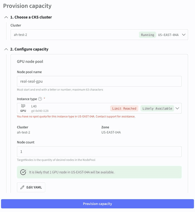 The Provision capacity drawer for a GPU-only search, with a GPU Node Pool form, L40 availability and quota indicators, Node count, Edit YAML, and the Provision capacity button.