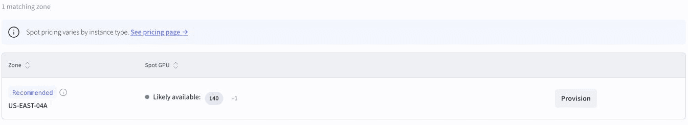 Results for a GPU-only search with Zone, Spot GPU, and Actions columns. US-EAST-04A is recommended, with likely available GPU instances and a Provision action.