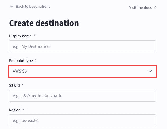 Create destination page with AWS S3 selected as the endpoint type.