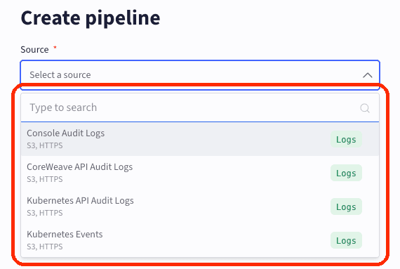 List of available telemetry streams in the Create pipeline source dropdown.