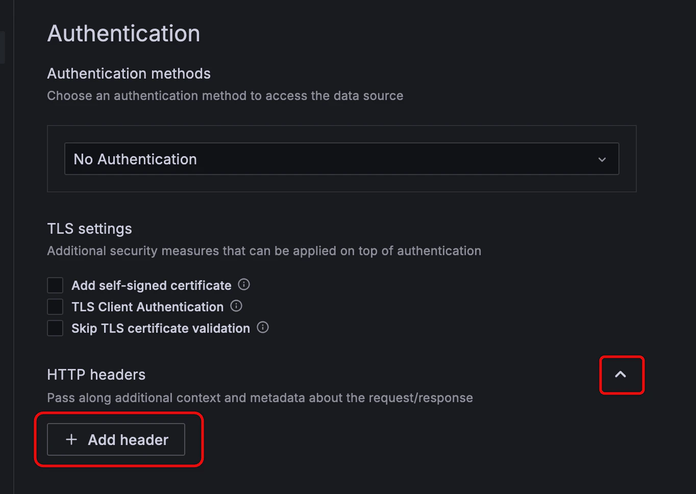 HTTP headers section of Grafana data sources screen