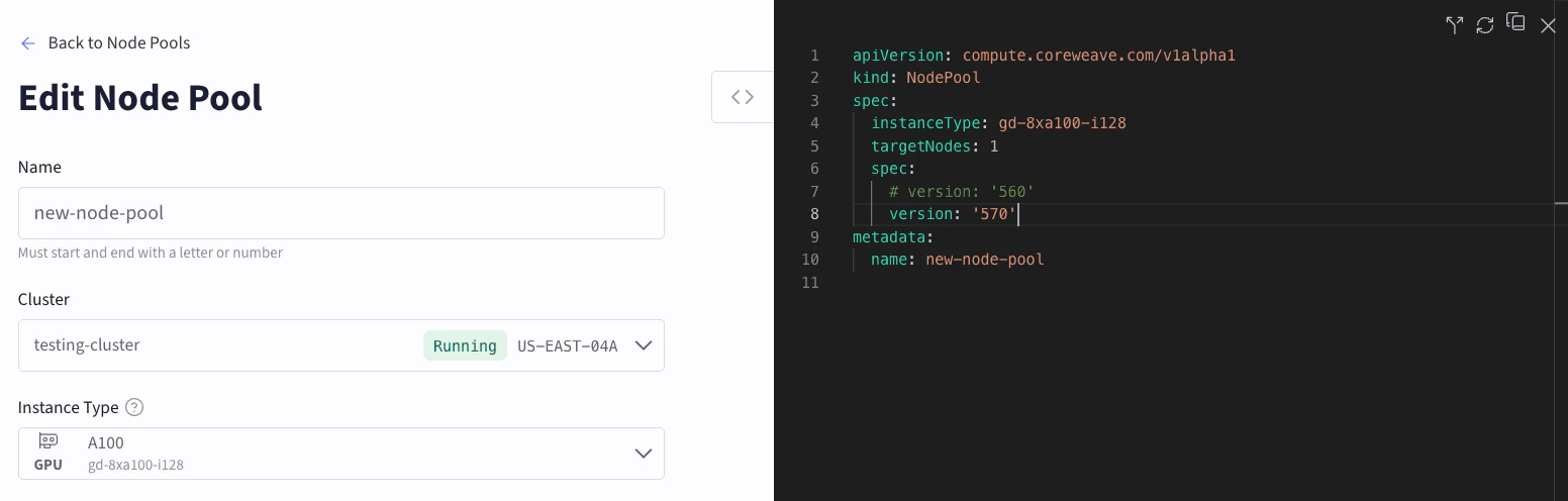 Screenshot showing the Node Pool edit page with a GPU version change.