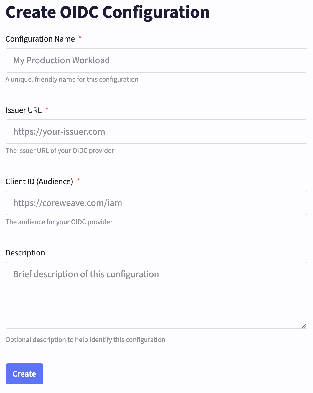 Screenshot of the Workload Identity Federation OIDC configuration creation page