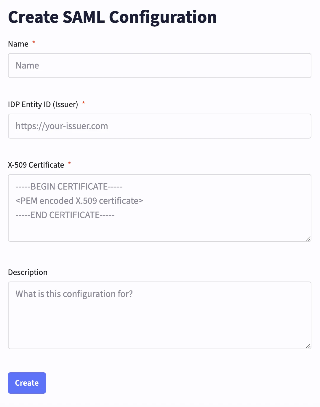 Screenshot of the Workload Identity Federation SAML configuration creation page