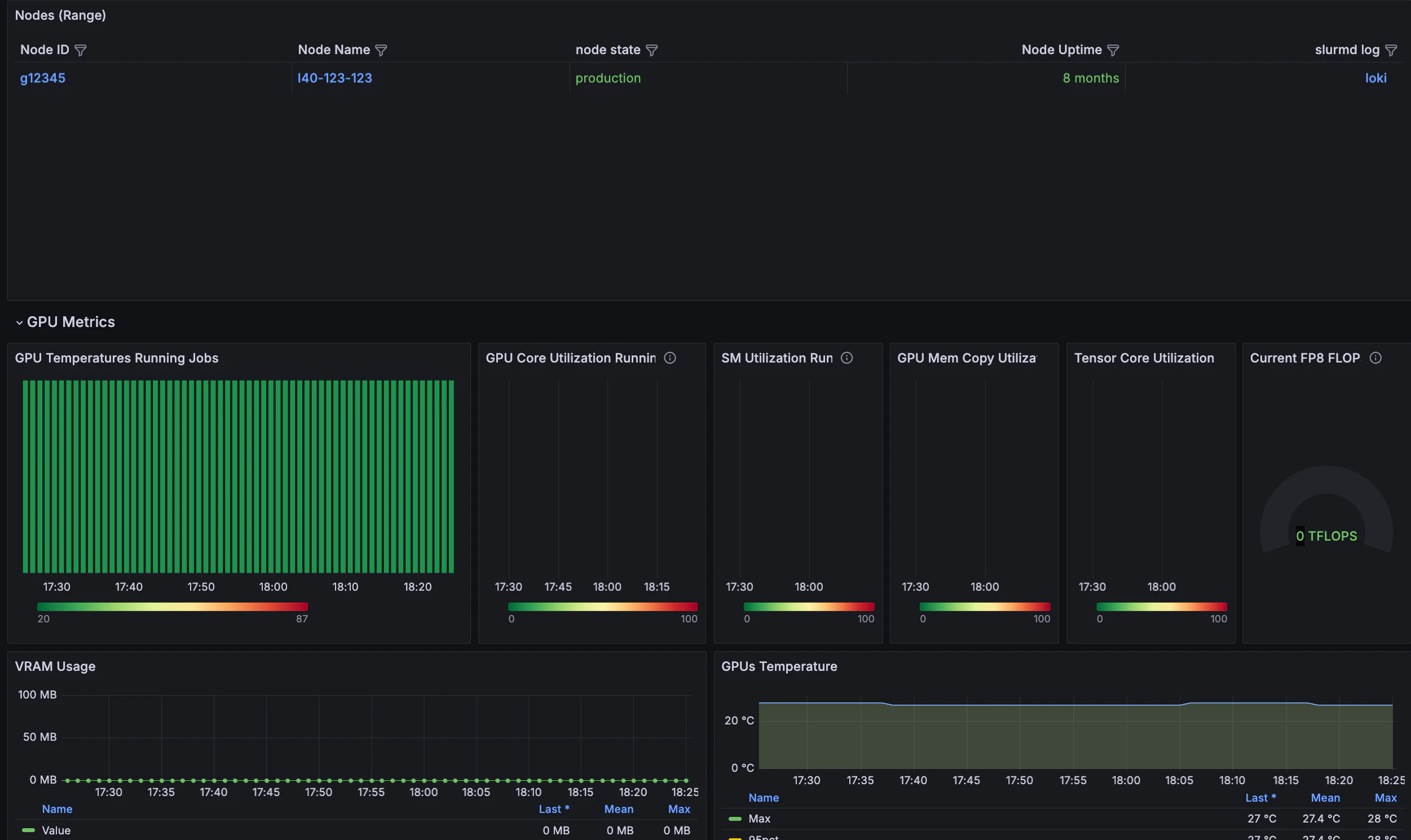 Screenshot of the Slurm job / metrics dashboard node information