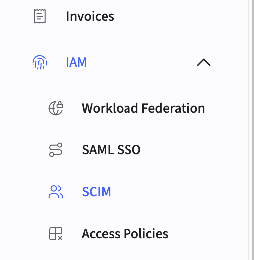 Screenshot of the SCIM option in the IAM sidebar