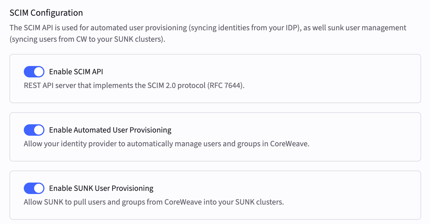 Screenshot of the SCIM Configuration page with the toggles enabled