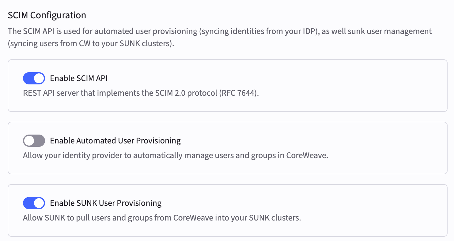 Screenshot of the SCIM Configuration page with the prerequisite toggles enabled