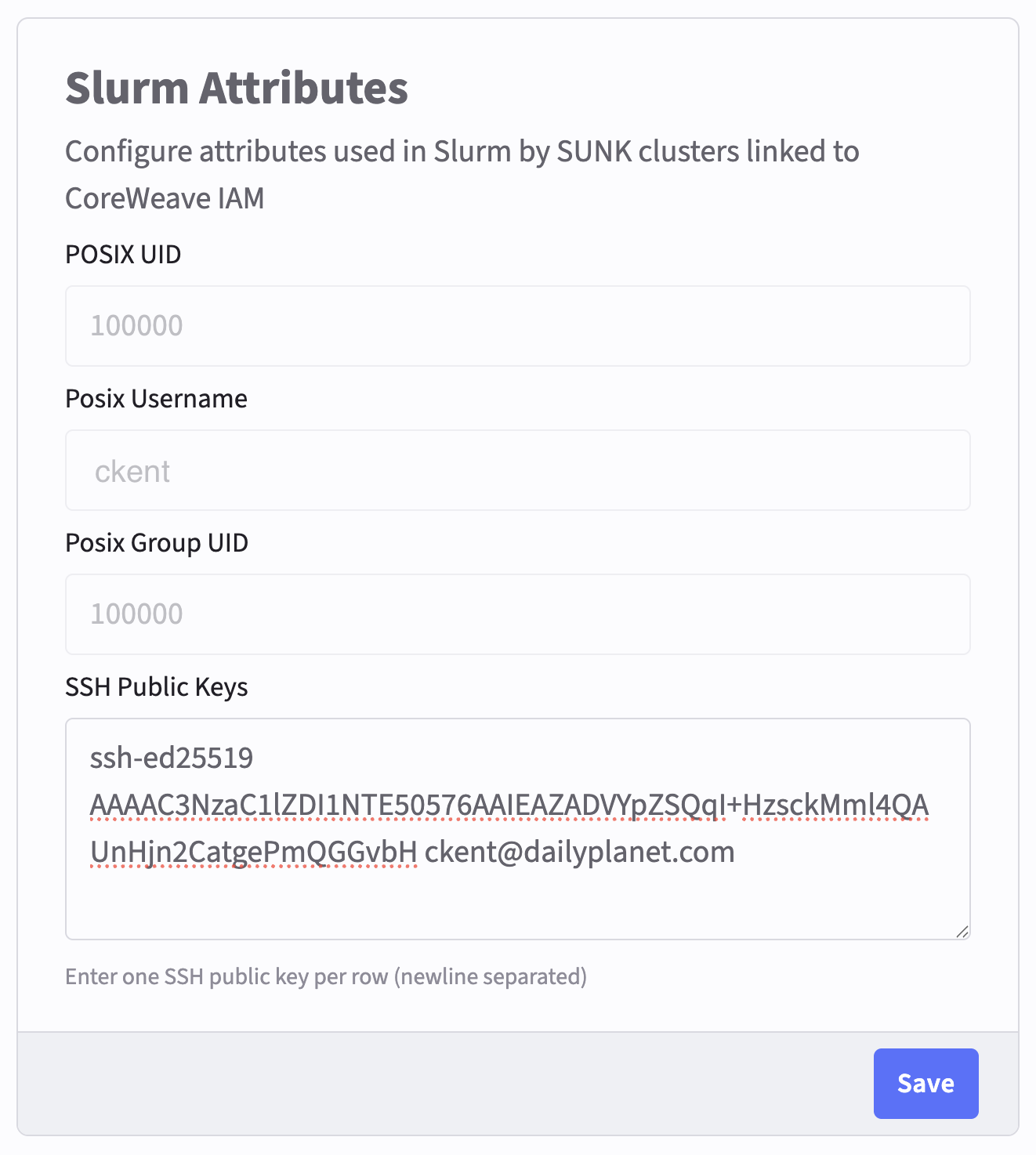 Screenshot of the SSH Keys field in the Slurm Attributes section
