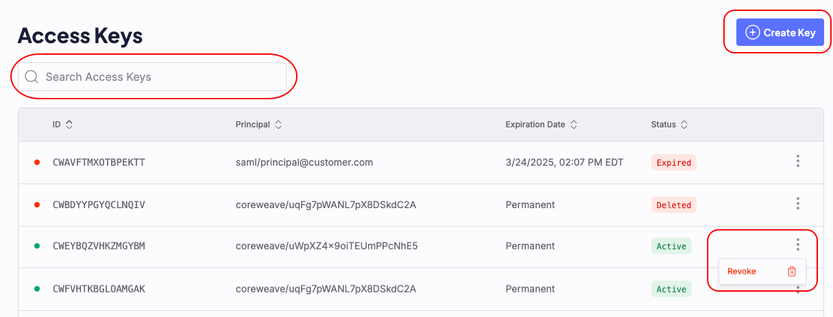 Access Keys page in the Cloud Console showing a list of Object Storage keys