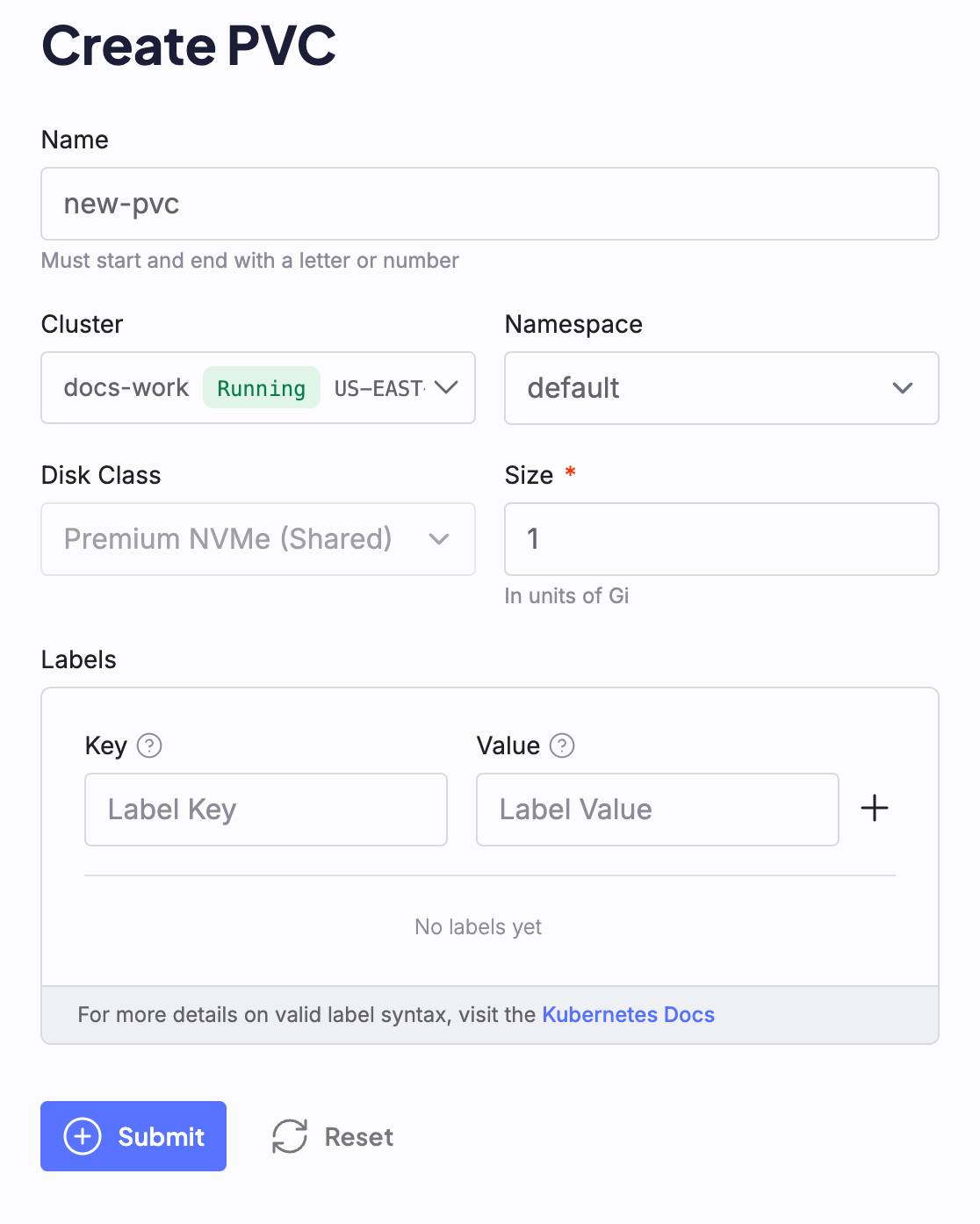 Cloud Console Create PVC editor with text fields and manifest editor