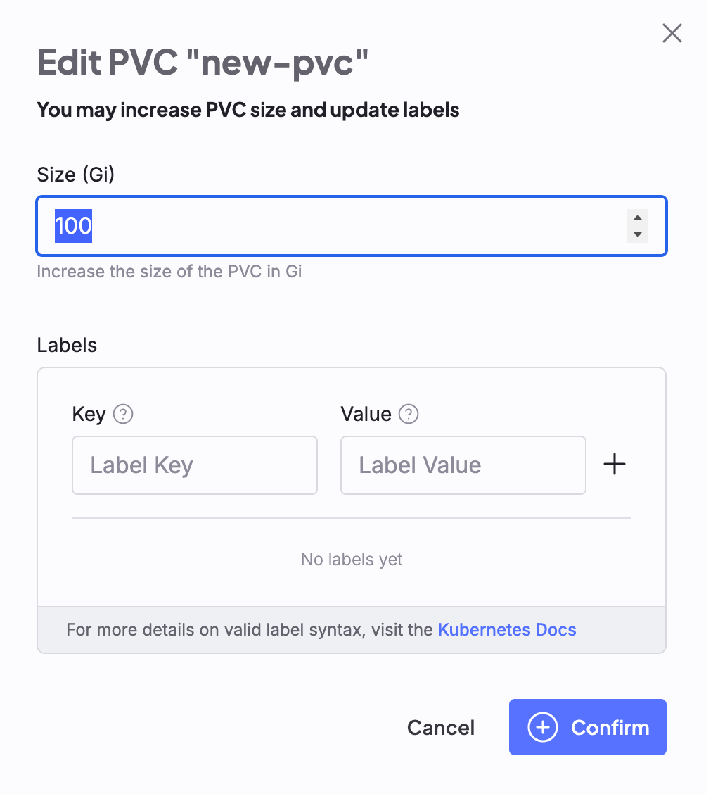Edit PVC modal with the Size field