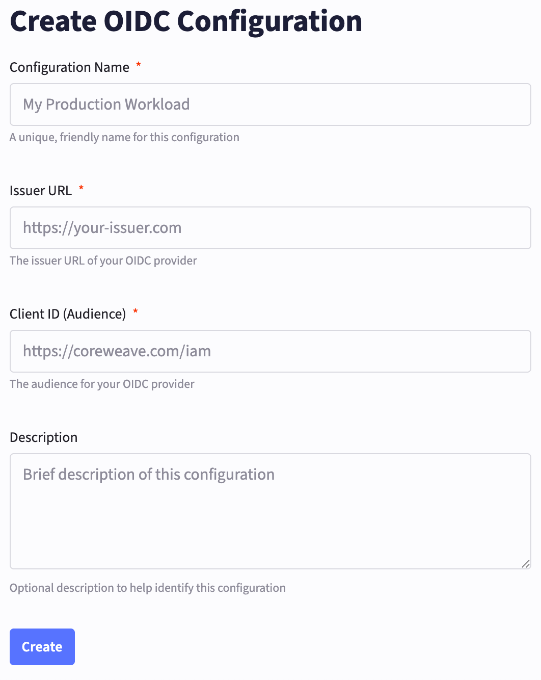 Workload Identity Federation OIDC configuration creation page