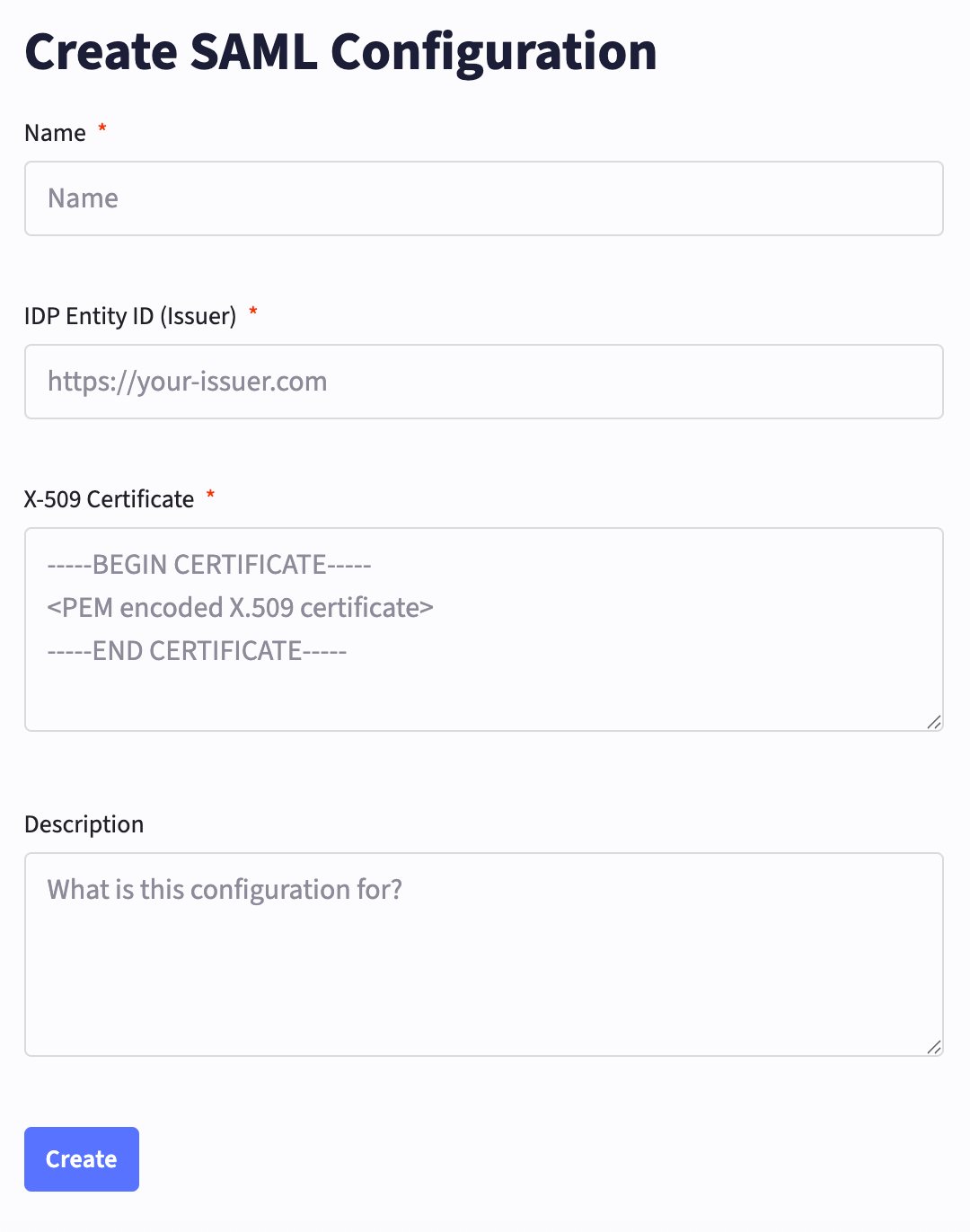 Workload Identity Federation SAML configuration creation page