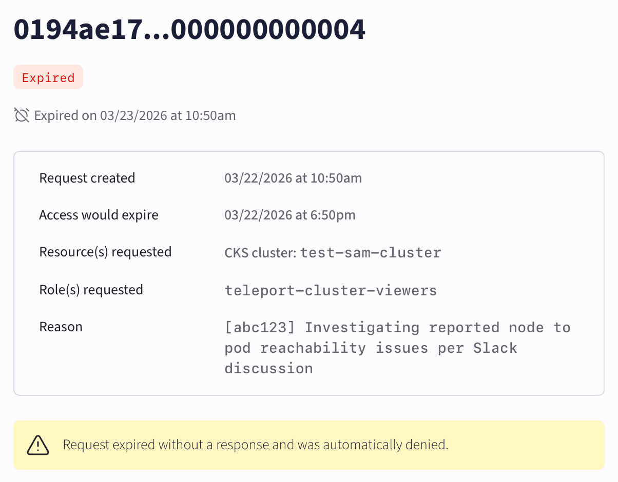 Expired Teleport access request in the Cloud Console