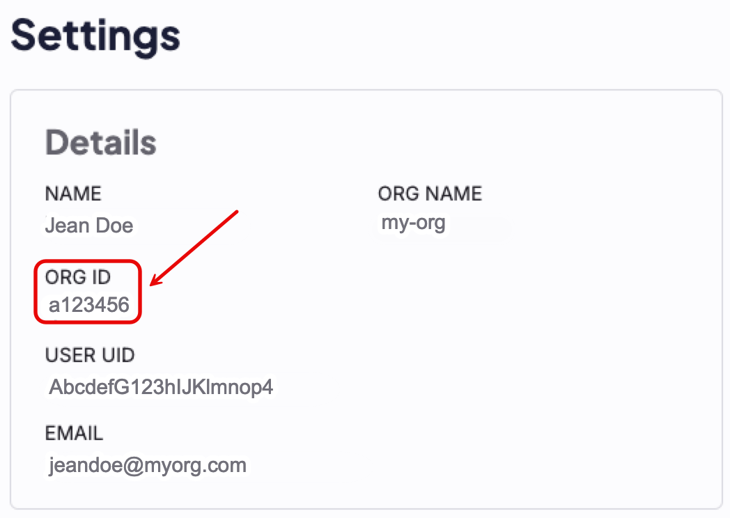 The Settings page with the Org ID section highlighted.