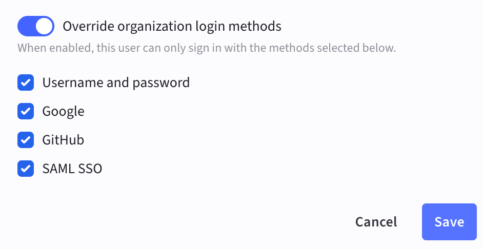 Checkboxes to enable or disable login methods for a user