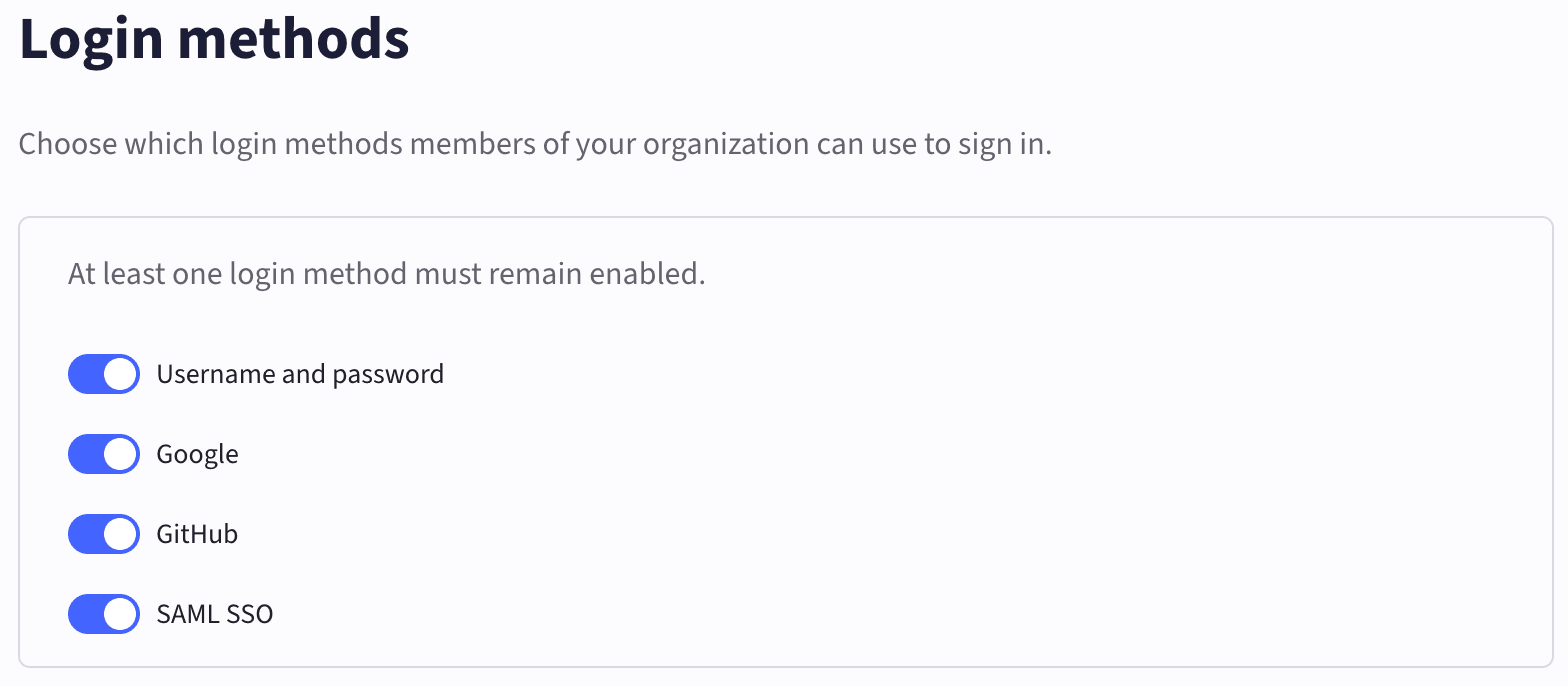 Login methods options menu