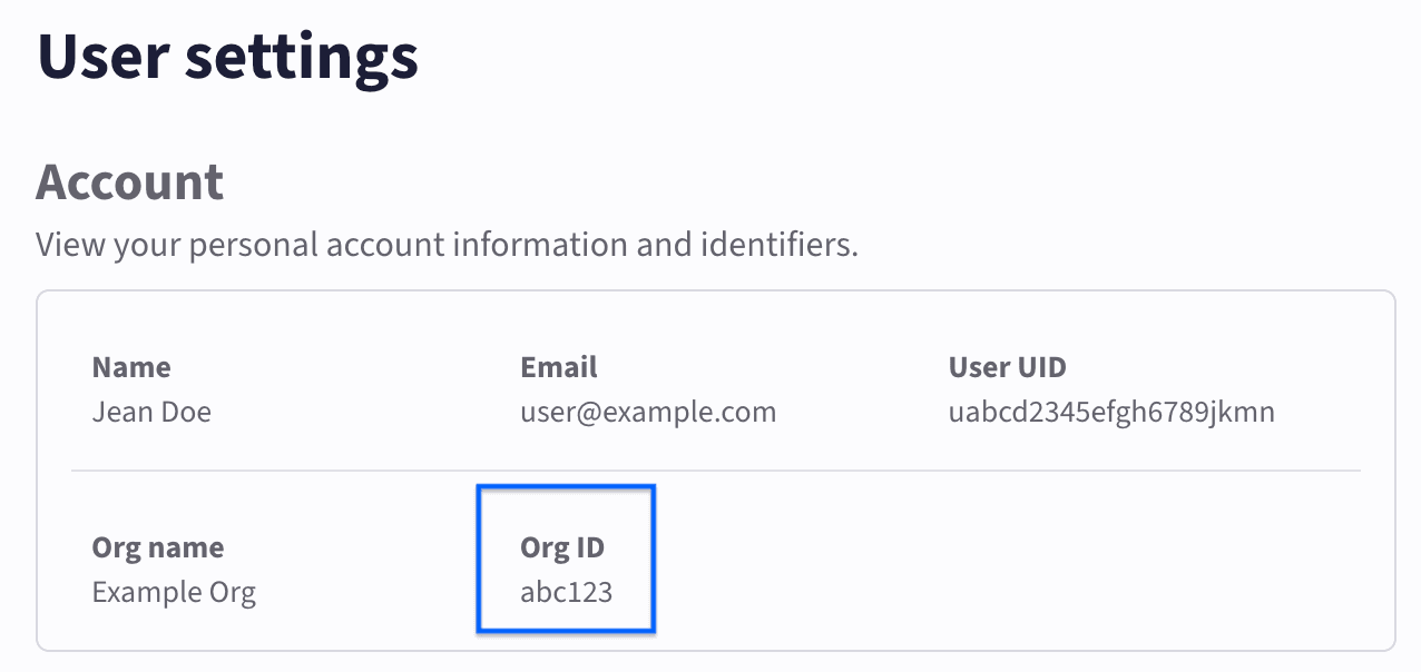 The Settings page with the Org ID section highlighted.