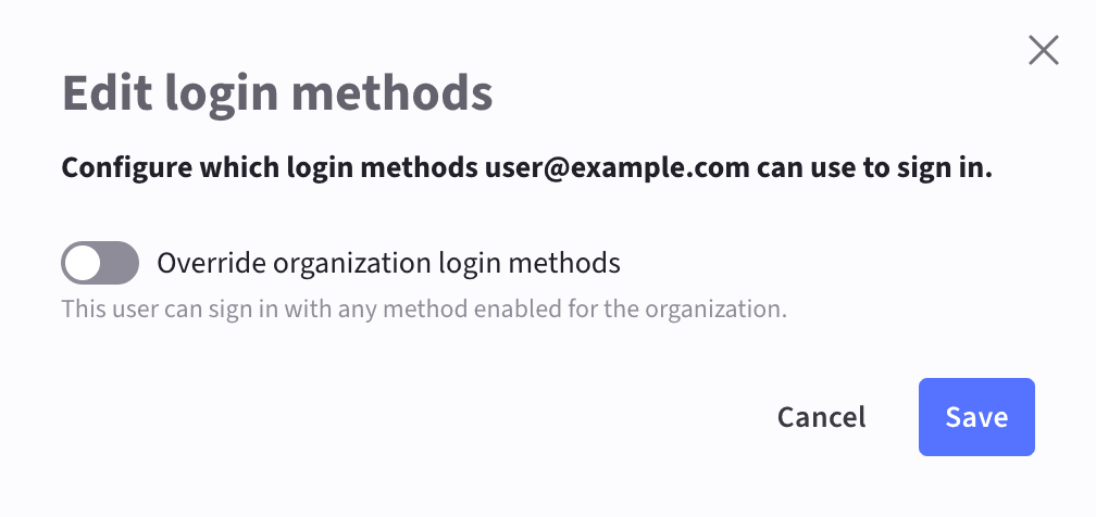 Toggle to override organization default login methods for a user