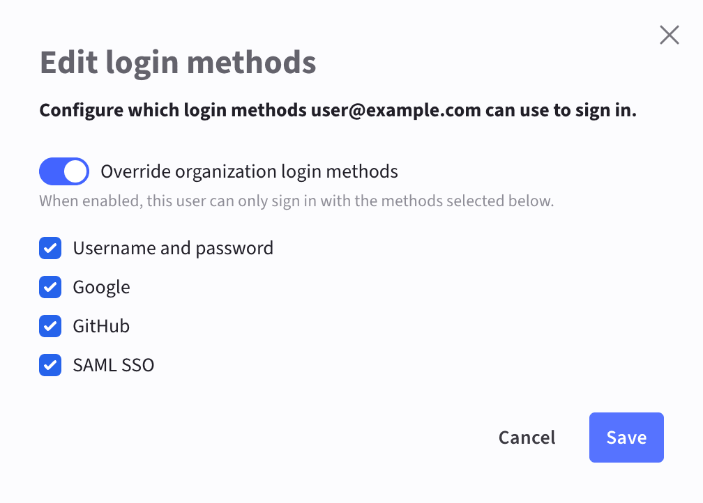 Checkboxes to enable or disable login methods for a user