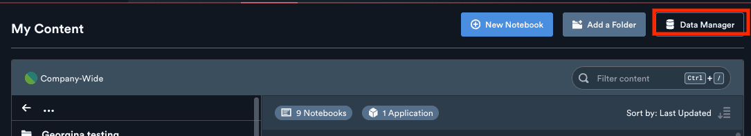 Data Manager button highlighted on a team landing page next to the New Notebook and Add a Folder buttons