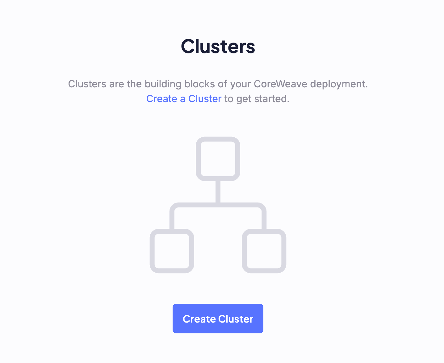 A screenshot of the Cloud Console cluster dashboard, with no current clusters