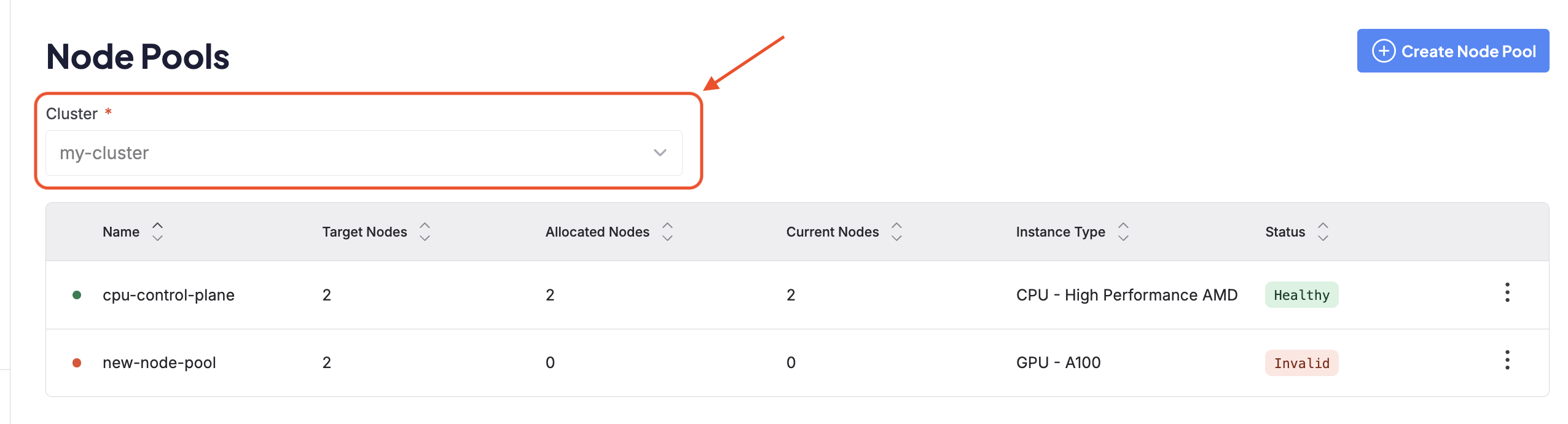 A closeup of the cluster selection dropdown on the dashboard for creating and customizing Node Pools.