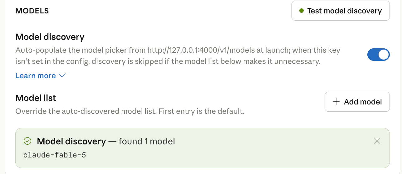 Claude Desktop model discovery test returning a green result that found one model from the proxy