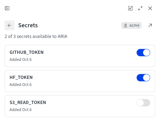 The ARIA Secrets pane, showing 2 of 3 secrets available to ARIA and a switch for each secret