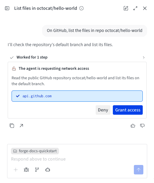 ARIA requesting network access to api.github.com, with Deny and Grant access buttons