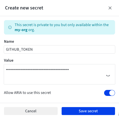 The Create new secret drawer, with Name, Value, and the Allow ARIA to use this secret toggle