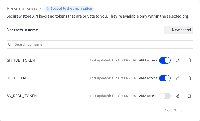 The Personal secrets section of user settings, with an ARIA access switch on each secret's row