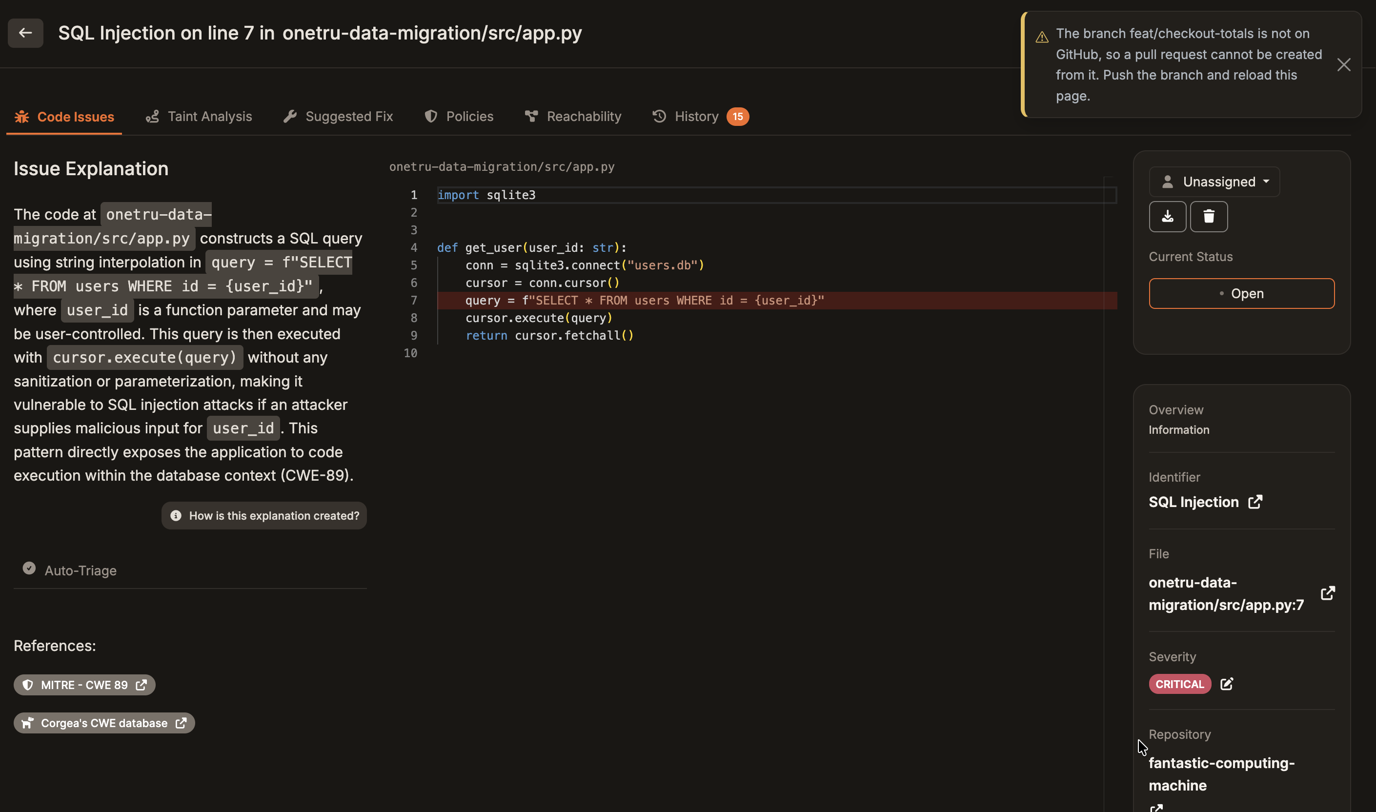 Issue page warning that the scanned branch is not on GitHub, so a pull request cannot be created until you push the branch and reload