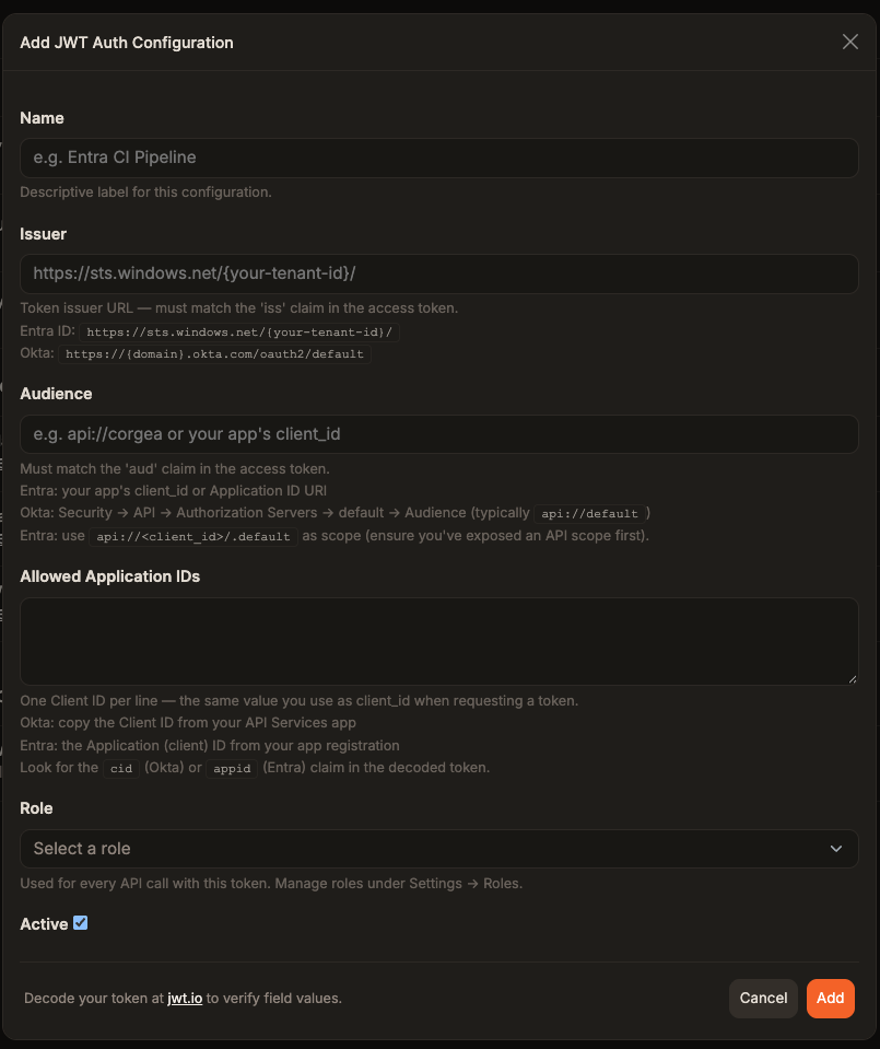 Add JWT Auth Configuration form in Corgea