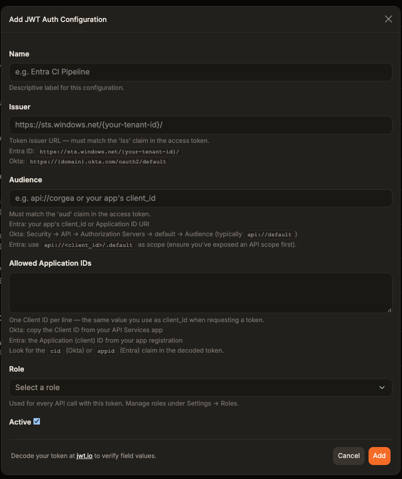 Add JWT Auth Configuration form in Corgea