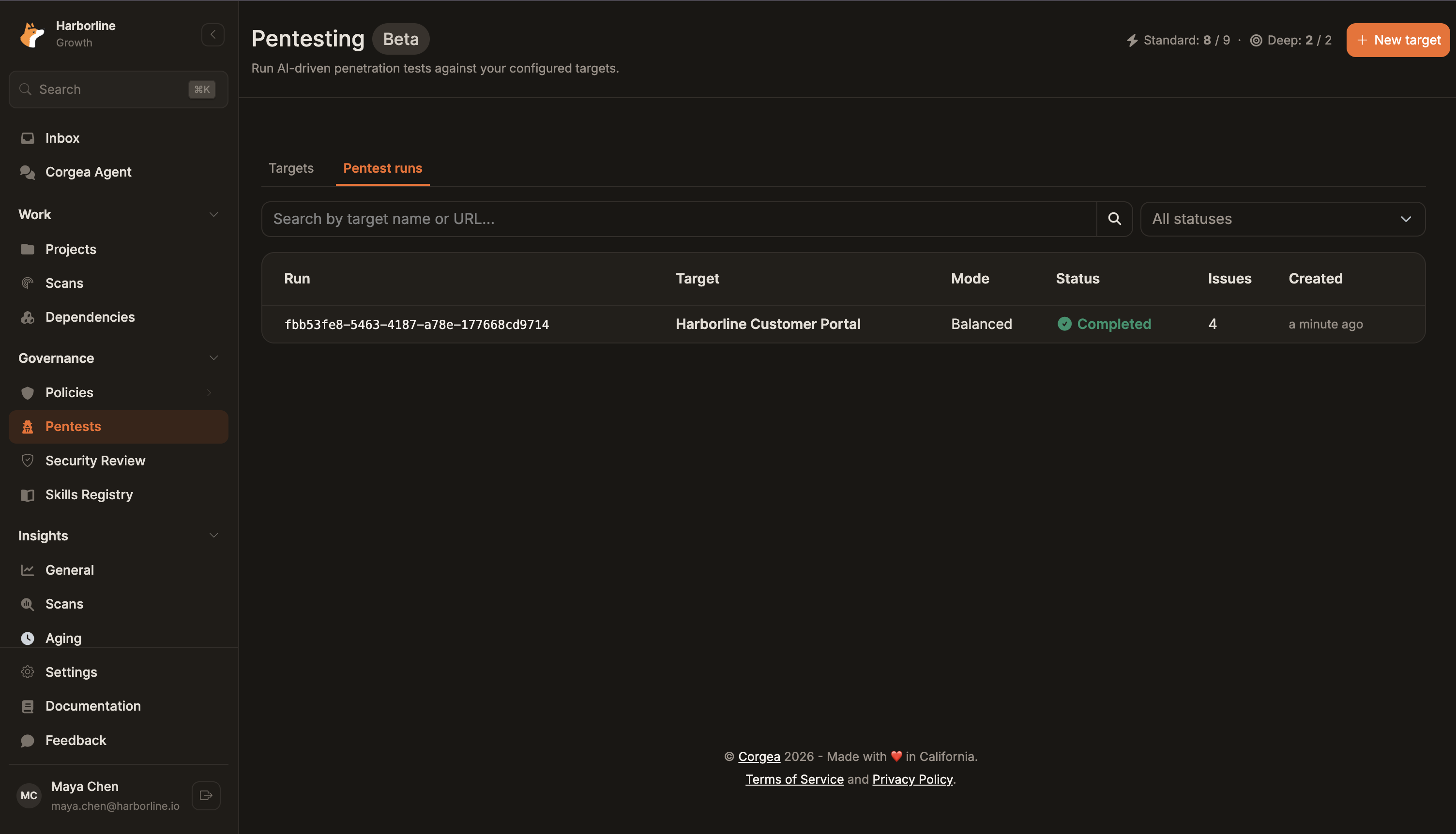 The Pentest runs tab showing a completed Harborline Customer Portal run with finding counts