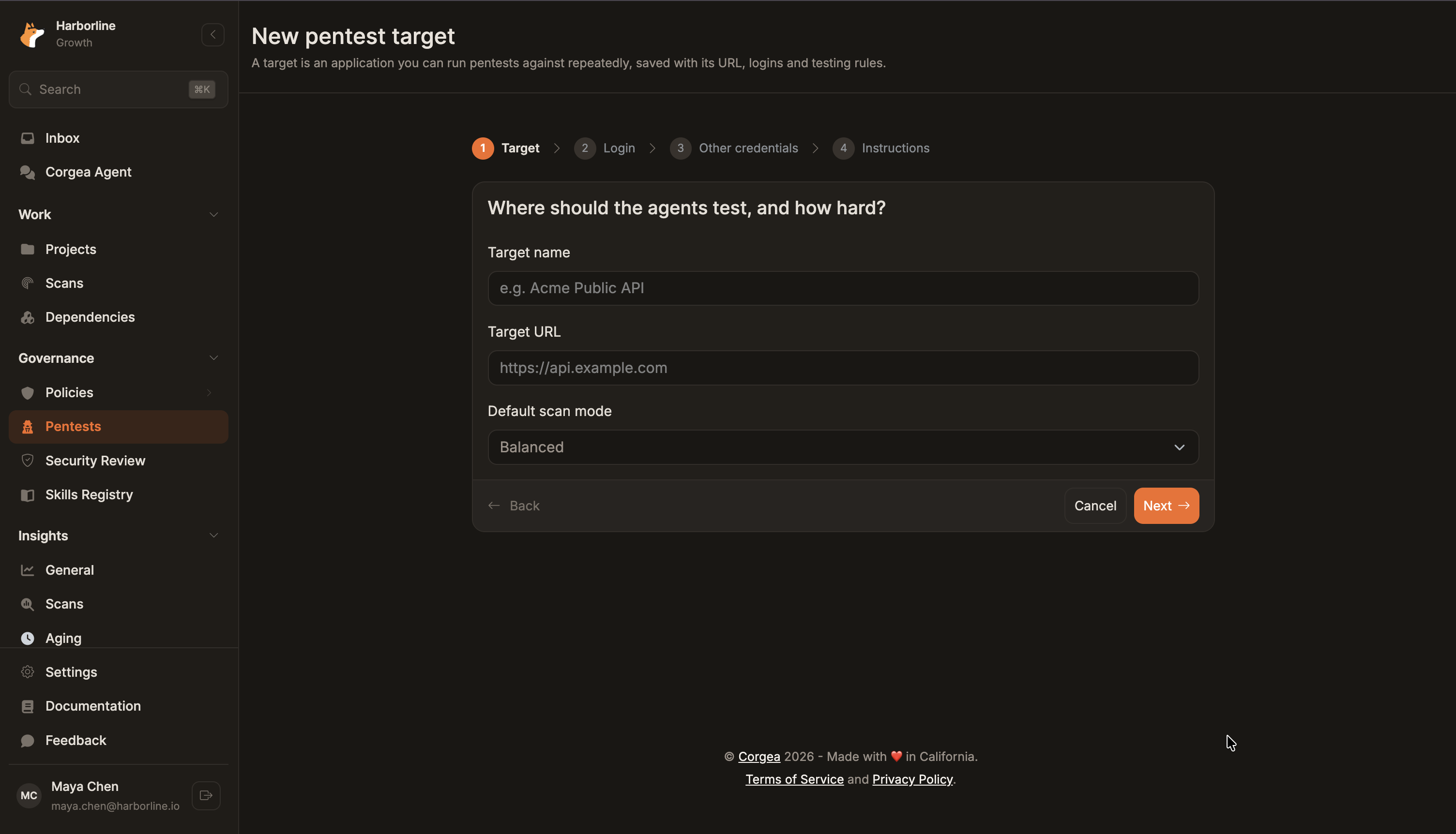 New pentest target wizard with name, URL, and Balanced or Deep scan mode
